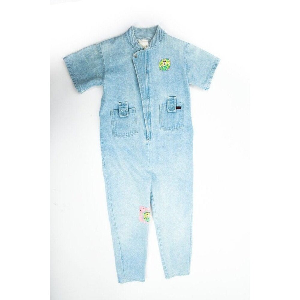 Vtg Women's 1970's Tantrum Blue Denim Jumpsuit With Jersey Ribbed Collar Cute